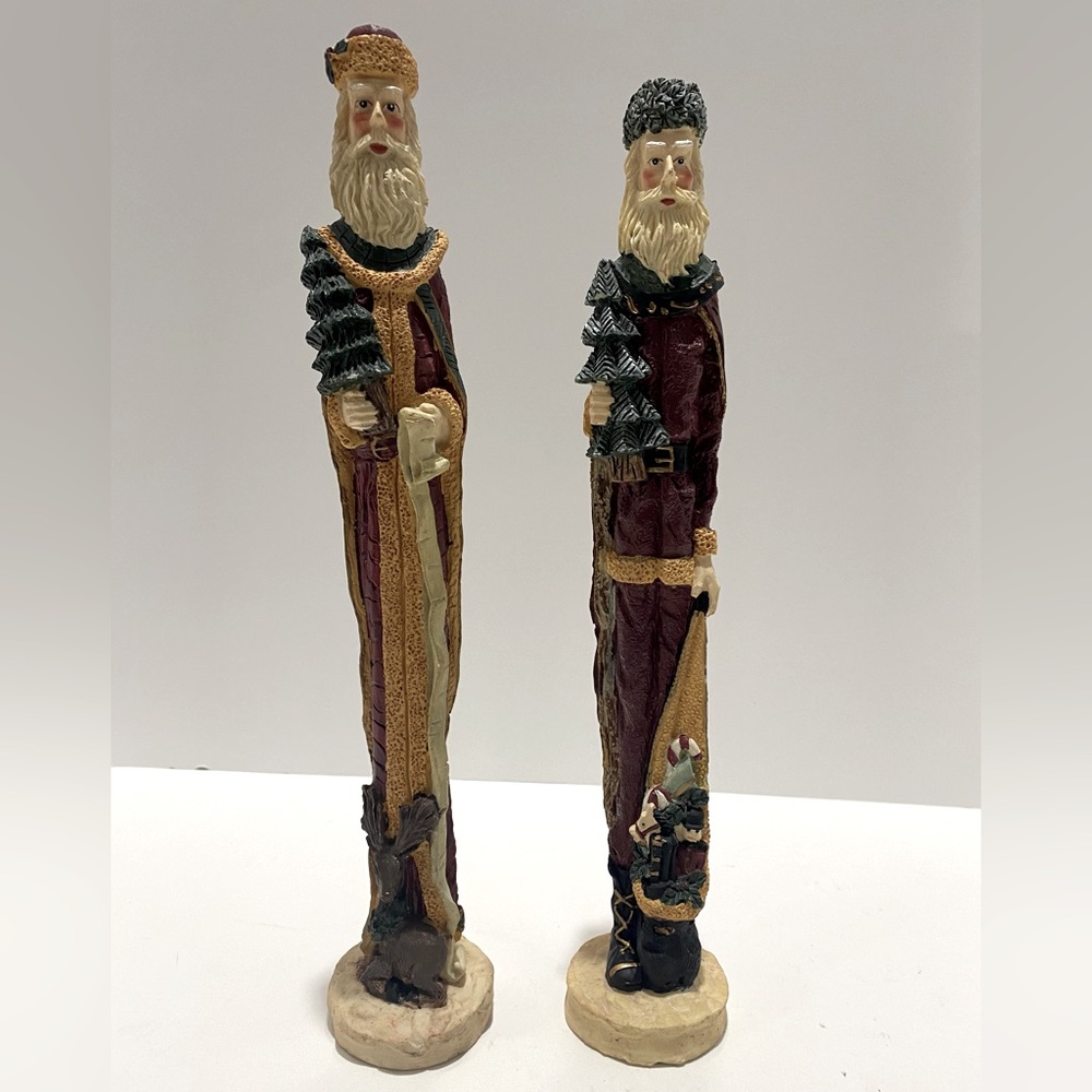 Set of 2 Vintage Windsor Collection Pencil Slim Santas Carved Look Old World